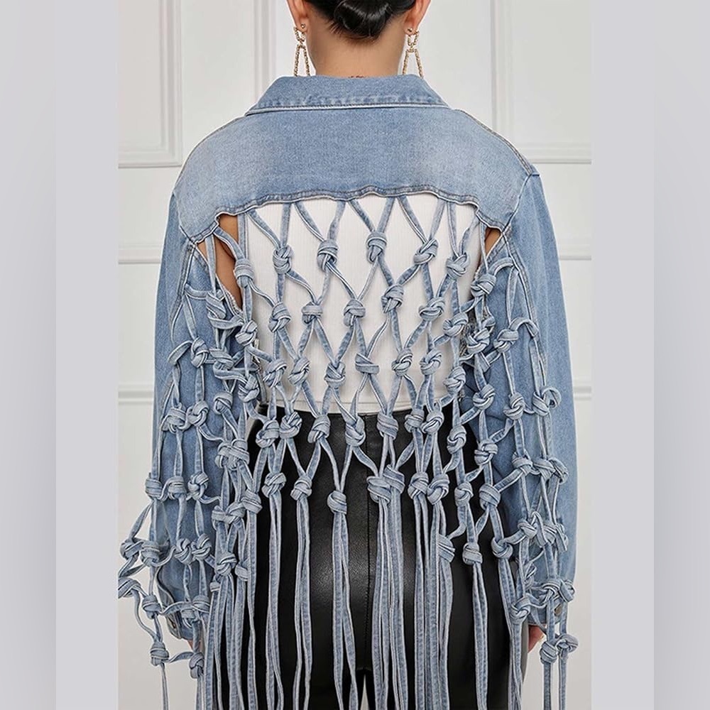 Cropped Denim Fringe Jean Jacket Back Hollow Out Knotted Tassel Distressed XXL - Picture 4 of 14